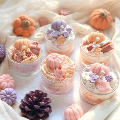 LANJO Autumn Harvest-Themed Pumpkin Maple Leaf Dessert Natural Soy Wax Glass Jar Ambiance Candle Artificial Fruit-Style
