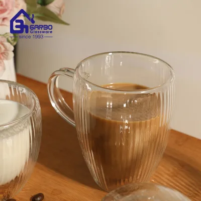 Cheap machine made borosilicate glass mug with handle wholesale milk coffee drinking double wall glass cup with strip pattern