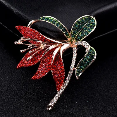 Elegant Multicolor Rhinestone Crystal Red Narcissus Flower Brooch for Women Jewelry Golden Color