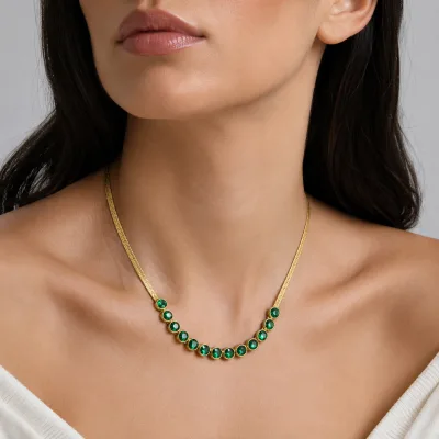 18K Gold Plated Stainless Steel Green Crystal Herringbone Chain Necklace Waterproof Statement Jewelry for Women Wholesale