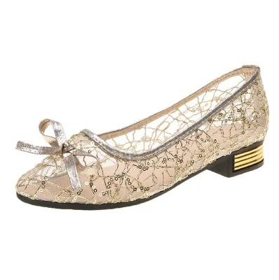 2025 New Summer Mesh Shoes Women's Low-heeled Hollow Mesh Pointed Bow Rhinestone Lace Shallow Mouth Women's Sandals