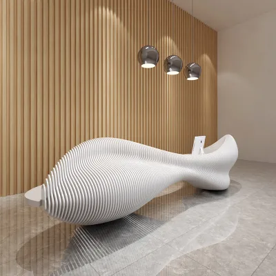 Q010 Modern Sliced Wood Front Desk Fish Rocket Shaped Creative Designed Office Shopping Mall Table Custom Cournter Reception