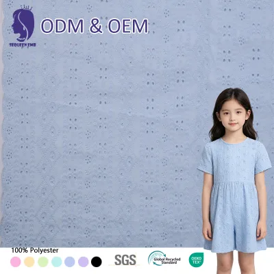 Wholesale Eco Friendly Premium Organic 100% Cotton Embroidered Fabric Blue Floral Cloth for Baby Kids Fashion Accessories Bags