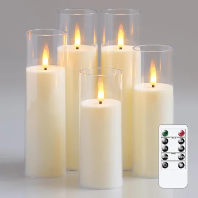 Set of 5 Home Decoration Pillar White Glass Warm Light Remote Flickering Led Candle