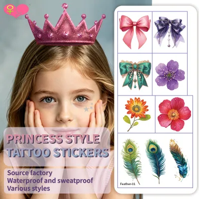 Princess Style Kids Temporary Tattoo Stickers, Watercolor Bow Floral Waterproof Body Stickers for Girls Birthday Party