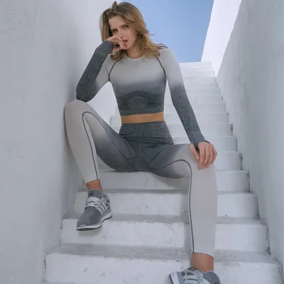Autumn Gradient Sports Suit Set Women Quick Dry Skinny High Elastic Running Exercise Yoga Wear Set Three Piece Set