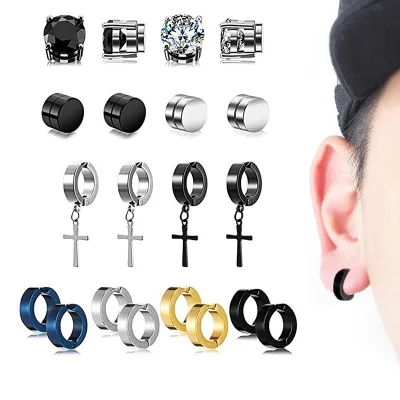 Vintage Punk Cross Pendant Earrings Stainless Steel Clip Round Cubic Zirconia Bezel Setting Cross Earrings Magnetic Earrings