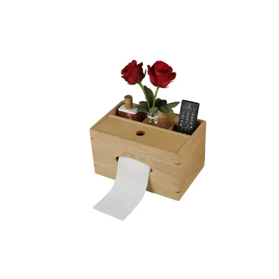 Natural Solid Wood Multifunctional Tissue Box, Multi-Grid Wooden Remote & Sundries Storage Organizer