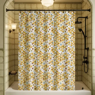 100% Polyester Honeycomb Bee Floral Print Waterproof Shower Curtain Cute Spring Insect Bathroom Decor Custom Fabric Curtain