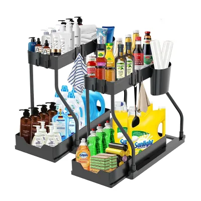 2024 New Arrival RL More Stable Design Double-Layer Sliding Under Sink Organizer for Efficiently Utilizing Space