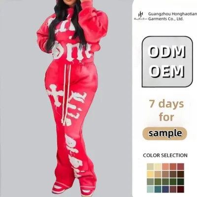 ODM Custom Cropped Hoodies Women Sweatshirts Streetwear Custom Distressed Heavyweight Cotton Embroidered Patch Washed Hoodie Set
