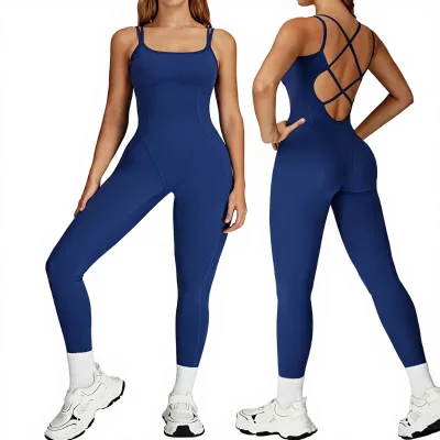 Women Playsuit Cross-back Integrated Slim Elastic Lightweight Breathable Solid Yoga Outdoor Running Fitness Jumpsuit