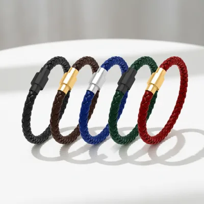 Factory Stock Simple Men's Black Braided Leather Rope Bracelet Stainless Steel Magnet Buckle Unisex Jewelry Suitable for Parties