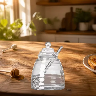 Minimalist Clear Honey Jar Borosilicate Glass with Mixing Stick and Lid