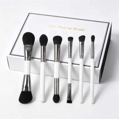 New 6pcs Double-ended Makeup Brush Set Eco Friendly GPF Bristles Thick Wooden Handle and Aluminum Tube Supporting Custom logo