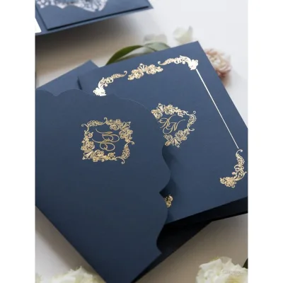 Navy Trifold Wedding Invitation Greeting Card with Letterpress Printing Fancy Paper Film Lamination Gold Foil Names Wax Seal