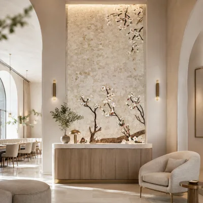 Hand Cut Chinese Style Plum Blossom Natural Marble Mosaic Art Mural Handmade Wall Decor for Bathroom Home Hotel Commercial Space