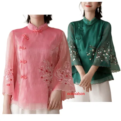 Ecowalson  Chinese Style Embroidered Blouse Modified Cheongsam Stand Collar Bat Sleeve Loose Top Vintage Temperament  Clothing