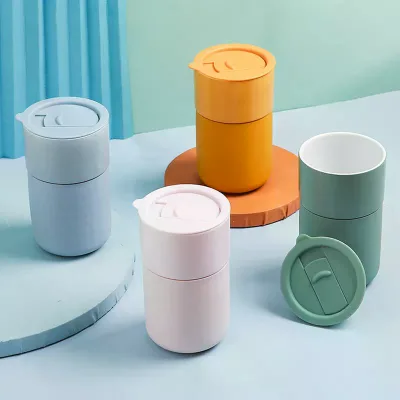 12OZPortable Office or Home Cute Coffee Travel with Lids Cups Protective Silicone Sleeve Ceramic Coffee Mug