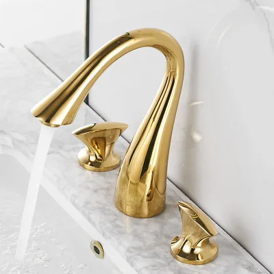 All Copper Chrome Plated Gold Swan Double Toilet Faucet Hot Cold Deck Mounted Wash Basin Three-Piece Set with Bathroom Cabinet