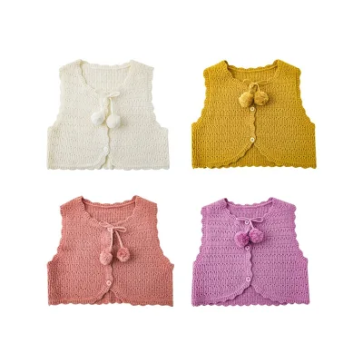 New Arrivals 2022 Fall Girls Clothes Knitted Girls Vest Coat Solid Hollow Out Sleeveless Girls Cardigan