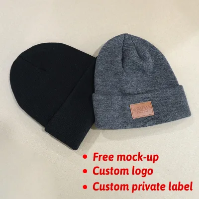 High Quality OEM Wholesale Knitted Winter Custom Leather Patch Logo Casual Warm Camouflage Bows Outdoor Sport Beanie Hats