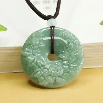 Natural Grade a Jade Jadeite Peony Pendant Ice Kind Jade Pendant Sweater Chain Men's and Women's Necklace