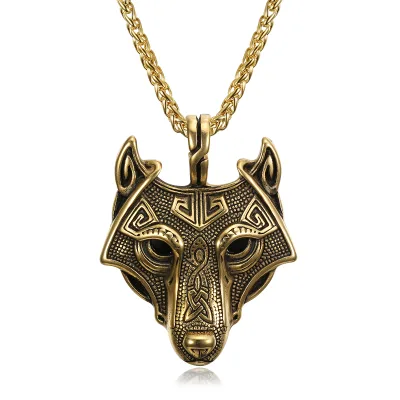 Nordic Viking Celtic Knot Wolf Head Pendant Stainless Steel Animal Wolf Norwegian Mythology Hip Hop BiIker Pendant Necklace