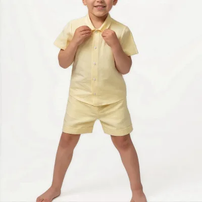 Lemon Linen Cotton Shorts Two Piece Boys Clothing Set Summer Solid Single Breasted Casual 3-4 Years Old