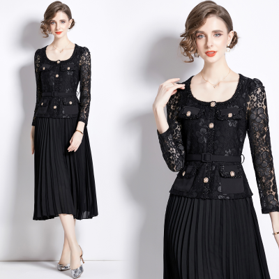 Long Sleeve Black Dress Lace Patchwork Buttons Decoration Medium Length Pleated Natural Waistline Midi Dresses Washable Worsted