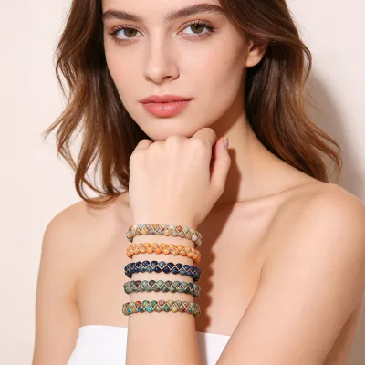 Fashion Bead String Retro Stone Crystal Double Woven 6mm Indian Agate Unisex Bangles Bracelet