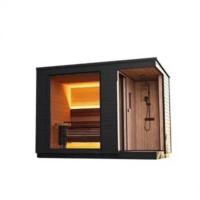 Red Cedar Solid Wood Sauna Room with Indoor Steam Shower Exterior Glass Accents 6 kW Stove and Massage Functions
