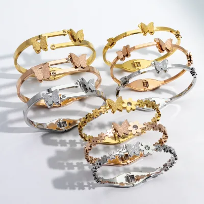 Non Tarnish Insect Butterfly Flower Gold Plated Bracelets Three Butterfly Hollowed Out Geometric Stainless Steel Bangles