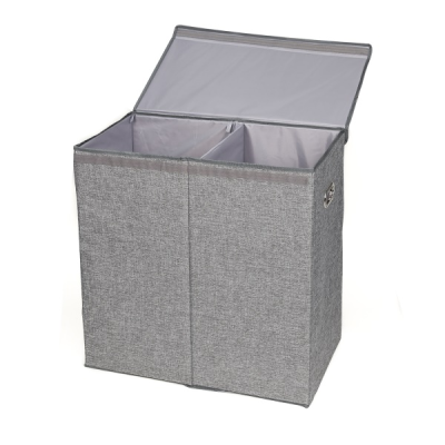 Double Laundry Hamper with Lid and Removable Laundry Bags,Large Collapsible 2 Dividers Dirty Clothes Basket Grey