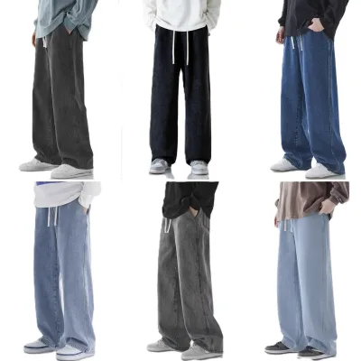 BD China Factory OEM Customized Logo Embroidery Light Blue Straight Loose Fit Wide Leg Summer Men Cotton Mixed Spring Pants