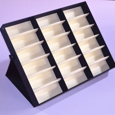 Fashion Cardboard Display Stand in Black Red Blue Purple for 18 Slot Sunglass Storage Rectangular Shape Showcase