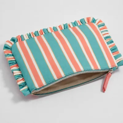 100% Cotton Ruffle Striped Makeup Bag, Fringe Edge Zipper Cosmetic Pouch Portable Travel Storage Bag for Women/