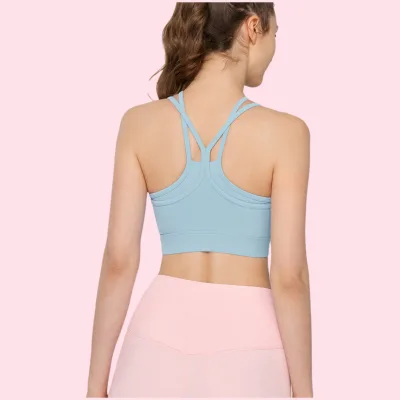 Beautiful Cross-Back Sports Bra with Fixed Pads Wholesale Mesh Patchwork Hollow Out Breathable Running Fitness Bra