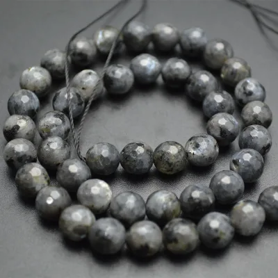 4mm~12mm Faceted Natural Black Labradorite Larvikite Gem Stone Round Loose Beads