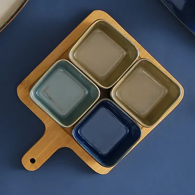 New Arrival Japan Style Customize Reactive Glazed Snack Deep square Shape Ceramic Bowl Set with Bamboo Tray