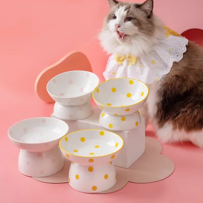 Wholesale Polka Dot Ceramic Elevated Cat Bowl Tilted Mouth Pet Feeder Protect Pet Spine Easy to Clean Ceramic Food Bowl