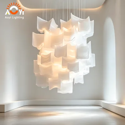 Wrinkled Square Slice Chandelier Fabric Minimal Cream Style for Art Gallery Villa Atrium
