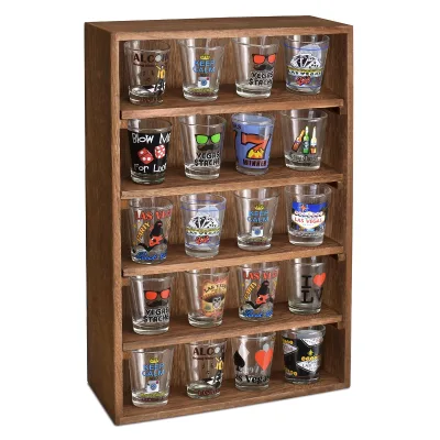 Space-Saving Brown Wooden Wall-Mounted Display Shelves 5 Adjustable Height Shelves Collectibles Shot Glasses Spice Can Cosmetics