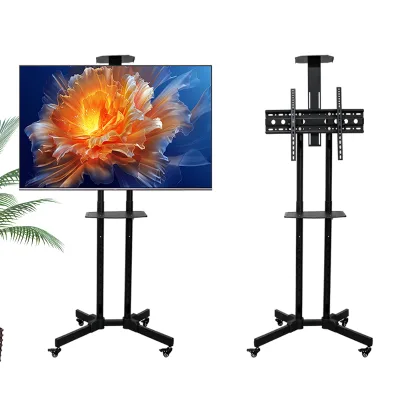 Factory Direct 32-65Inches Steel Height Adjustable Portable Mobile TV Trolley Cart Floor TV Stand on Wheels Black