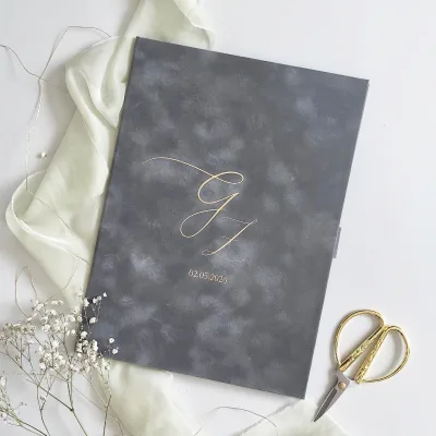 Factory Direct Custom logo Gold Foil Gray Velvet Envelope Hard Cover Folded Pocket Acrylic or Paper Wedding Invitation Mariage