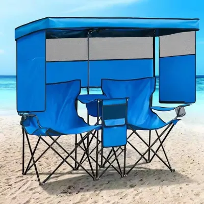 Heavy Duty 2-Person Folding Loveseat Beach Chair with Canopy Shade Cup for Camping Outside Lawn Patio or Beach Use
