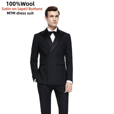 Tailor Made Mens Tuxedo Dress Suits,100%Wool Double Breasted Peak Lapel,Satin on Lapel/buttons/pockets,Wedding Banquet Suit