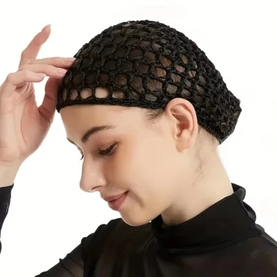 Women's Handmade Classical Black Style Crochet Mesh Hair Net Cap Solid Color Protection Sleep Kufi Snood