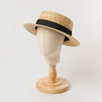 Classical Natural Stiff Wheat Children Straw Boater Fedora Top Flat Hat Kids Mother Parent Beach Straw Cap