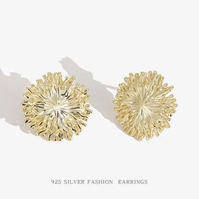 18k Gold Plated Round Texture Sculptural Geometric Fashion Flower Shape Jewelry Ladies 925 Sterling Silver Earrings Wholesale